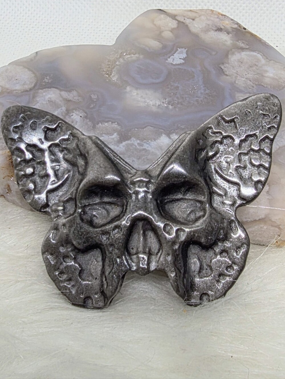 Silver Sheen Obsidian Skull Butterfly Carving Gothic Crystal Decor Dark